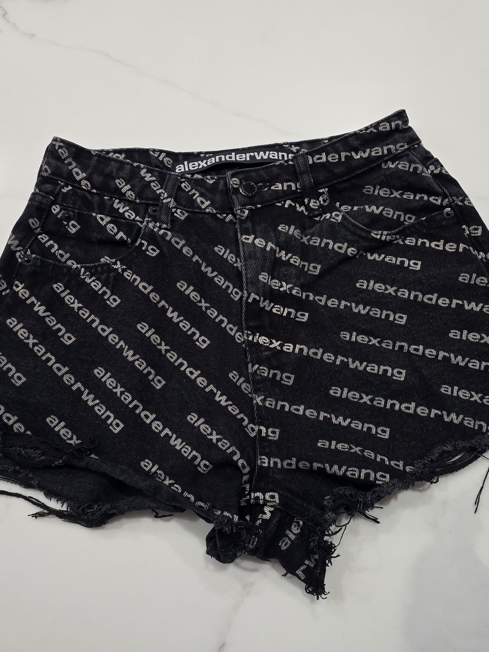 Alexander Wang All Over Logo Print Denim Shorts Washed Black 27